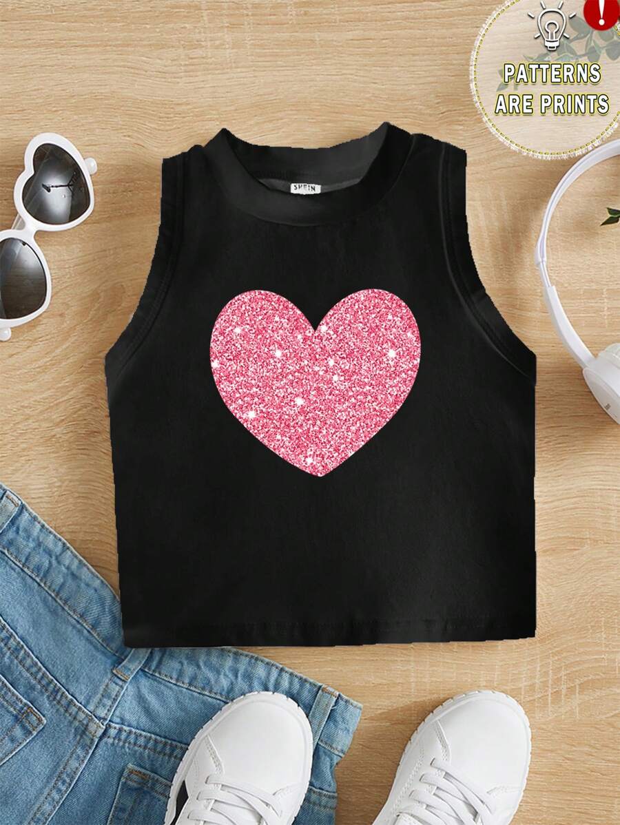 SHEIN Leap Crew Young Girl Casual Simple Cartoon Pattern Sleeveless Round Neck Tank Top, Suitable For Summer - Black - View 1