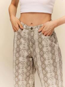 Poéselle 动物印花高腰直筒牛仔裤，休闲蛇纹长款，复古低腰喇叭休闲裤，嬉皮士卡其裤，女士宽松裤 - 彩色 - 查看 3