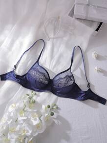 Charlaine صدرية بحمالات دانتيل رومانسية فرنسية بتغطية كاملة وسلك داخلي - أزرق بحري - مشاهدة 1