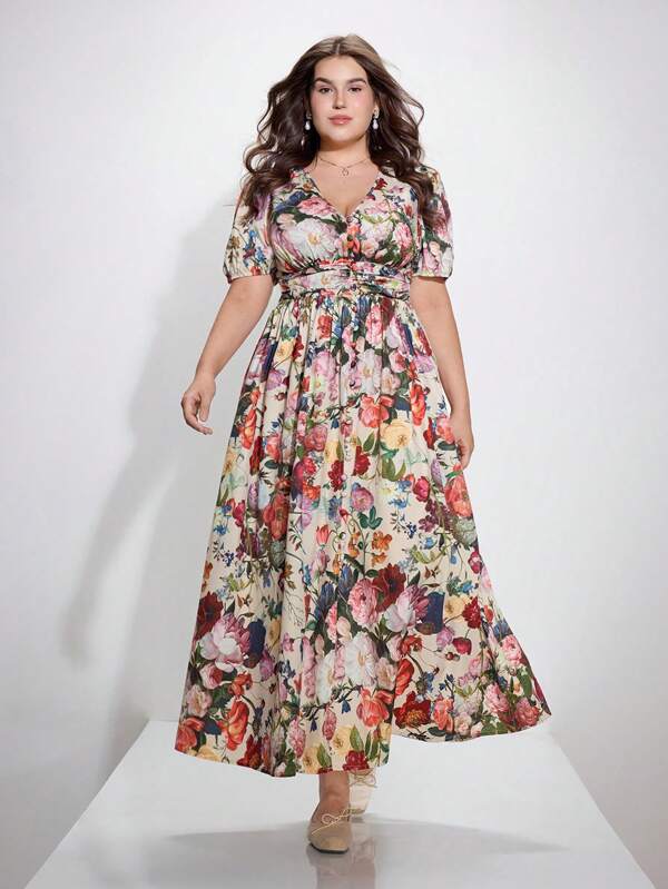 SHEIN MOD Plus Size Vintage Palace Style V-Neck Large Floral Print Dress, Holiday Floral Dress. Plus Size Dresses Summer