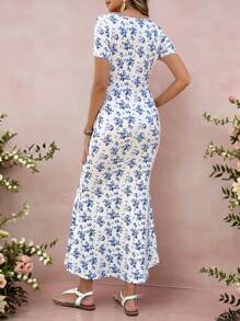 EMERY ROSE Women Floral Allover Print Tie-Front Short Sleeve Casual Dress