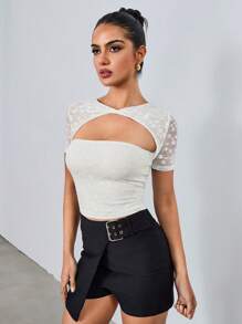 SHEIN Unity 女士纯色拼布纹理蕾丝设计休闲百搭短袖 T 恤 - 白色 - 查看 3