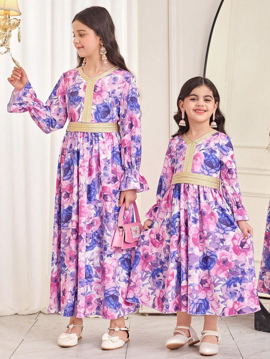 SHEIN Tween Girls Floral Print Gold Ribbon Flutter Sleeve Long Sleeve Dress - Purple - View 1