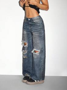 SHEIN ICON Women's Pockets Loose Wide Leg Ripped Casual Jeans - Black - View 1