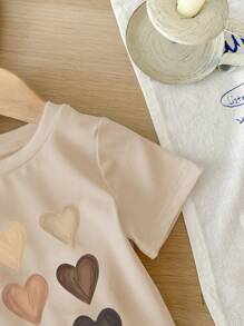 SHEIN LMoss Kids 女宝宝休闲简约短袖上衣，适合夏季 - 米色 - 查看 4