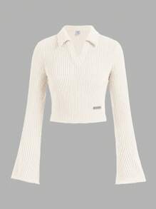 SHEIN Girlism Camiseta de niñas adolescentes de manga acampanada con cuello vuelto, de punto acanalado sólido con parche metálico