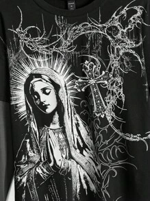 ROMWE Grunge Punk Áo thun rộng in hình Đức Mẹ Đồng Trinh Cybersigilism của Y3K Street - màu đen - Xem 4