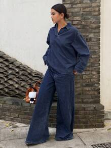 Livesso Ensemble 2 pièces Sweat-shirt en jean et pantalon pour femmes, vêtements d'automne