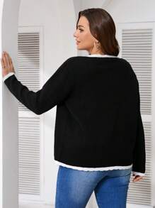 SHEIN Frenchy Plus Size Women 3D Flower Decor Long Sleeve Cardigan, Autumn/Winter Fall/Winter - Black - View 6