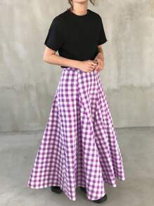 FRIFUL 女士紫色高腰A字格子半身裙，夏季连衣裙 - 紫色 - 查看 2