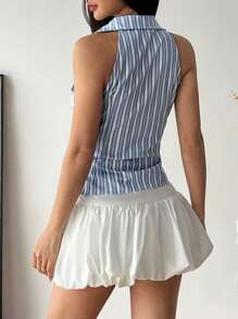 Flirla 复古条纹前拉链无袖衬衫