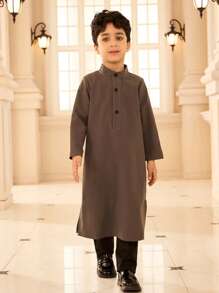 SHEIN 2pcs Young Boy Set: Solid Color Button Half Placket Long Sleeve Top And Pants