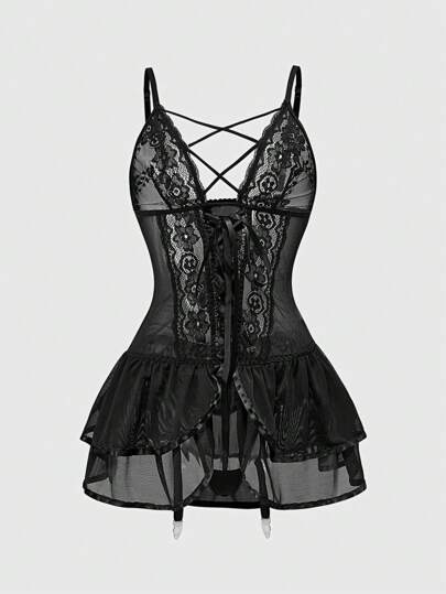 Gothic Rose Bride Triangle Cup Lace Ruffled Thong Lingerie Set, Sexy