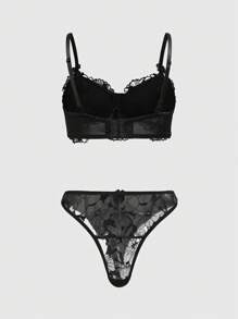 ROMWE Black Gothic Rose Bride Underwire Lace Embroidered Bralette & G-String Lingerie Set - Black - View 2