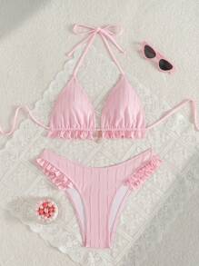 SHEIN Swim 2 pièces/set Nouveau bikini triangle ras-du-cou texturé unicolore avec décoration de coquille métallique, ensemble de maillot de bain sexy et élégant pour la plage, la piscine, les fêtes, la Saint-Valentin, pour les vacances d'été - Rose bonbon - Voir 4