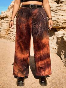 SHEIN EZwear Plus Size Summer Retro Tie-Dye Straight Leg Casual Pants - Rust Brown - View 1