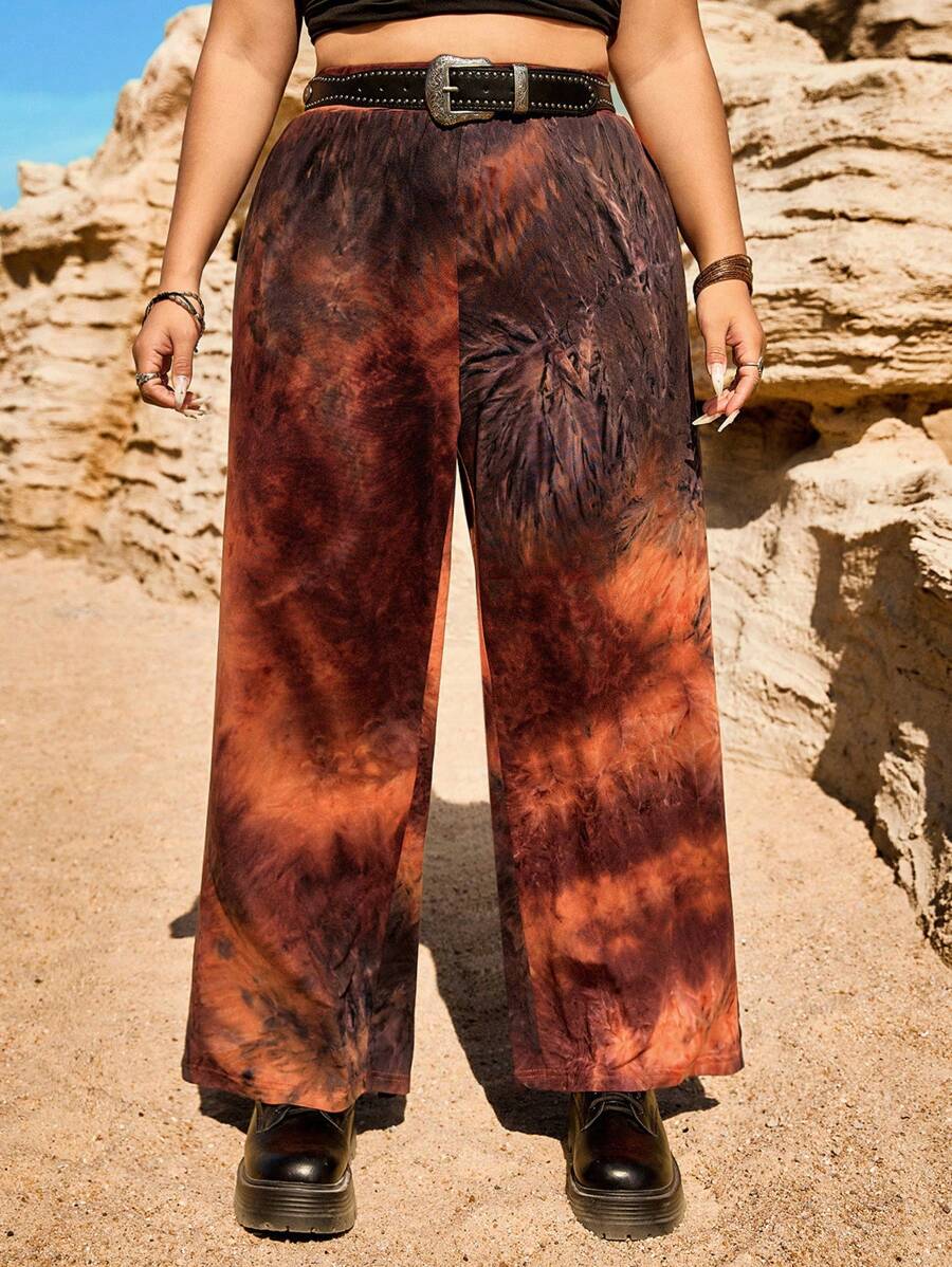 SHEIN EZwear Plus Size Summer Retro Tie-Dye Straight Leg Casual Pants - Rust Brown - View 1