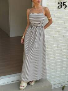 SHEIN Unity Women Casual Striped Spaghetti Strap Long Dress - Black - View 5