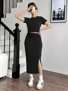 SHEIN Sparklyn 2pcs/Set Teenage Girls Striped Knit Cropped Top & Long Pleated Skirt Casual Outfit, Daily Casual Wear Summer Holiday