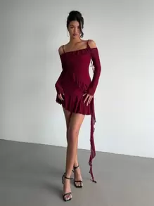 Aloruh 女士性感浪漫荷叶边修身酒红色度假/约会晚礼服优雅节日装女士浪漫连衣裙女士红色连衣裙 - 酒紅色 - 查看 3