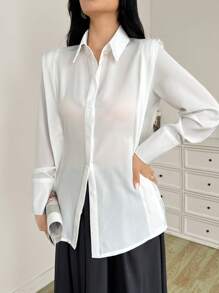 Mulvari Casual Versatile Solid Color Collared Long Sleeve Shirt For Women - White - View 5