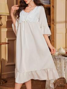 女士V领七分袖两用荷叶边睡裙娃娃衫，适合假日、秋冬季穿着。 - 杏色 - 查看 6