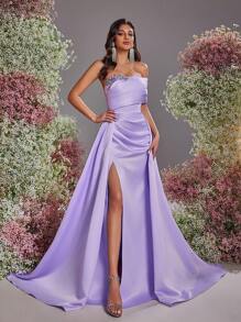 Glamrae Spring And Summer Elegant, Gorgeous And Romantic Lavender Asymmetric Off The Shoulder Pleated Luxury Rhinestone Splicing Mermaid Slit Hem Splicing Oversized Floating Pieces Wedding Guest Dress, Suitable For Dinner Bachelor Party Lovers Date Vacation Back To School Season Prom Wedding Season Evening Dress, Formal Dress,Gown