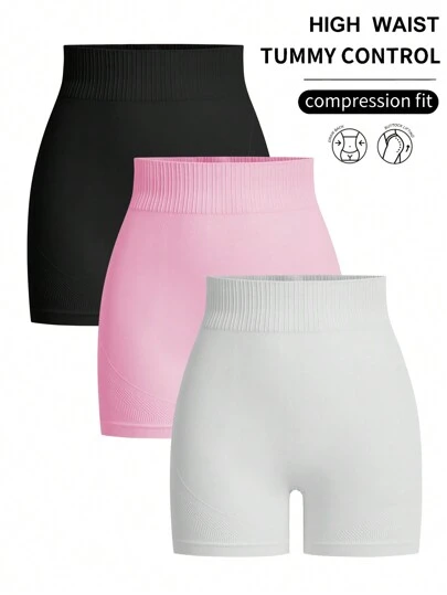 SHEIN Sports 3 件套无缝运动短裤，纯色，简约时尚，适合日常休闲骑行短裤