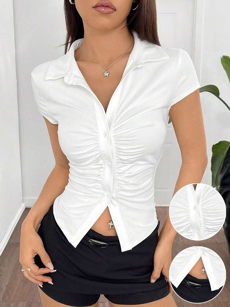SHEIN EZwear White Ruched Slim Fit Short Sleeve T-Shirt, Casual & Fashionable For Daily Wear
