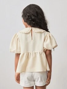 Maija Kids Áo cánh tay bồng cổ Peter Pan dáng rộng thoải mái - Màu be - Xem 2