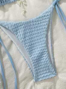 Swim Mod 2pcs Springbreak Women's Solid Color Textured Fabric Halter Triangle Bra With Bow Decor And Side Tie Bikini Swimwear Set, Summer Beach Clothes