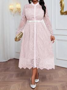 SHEIN Lady 秋冬季优雅工作办公室黑色针织蕾丝立领喇叭形撞色蕾丝长袖加大码连衣裙 - 粉色 - 查看 5