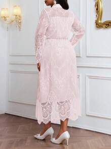 SHEIN Lady 秋冬季优雅工作办公室黑色针织蕾丝立领喇叭形撞色蕾丝长袖加大码连衣裙 - 粉色 - 查看 2