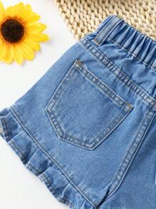 Young Girl New Fashionable Ruffle Trim Distressed Washed Blue Denim Shorts, Casual - Medium Wash - View 3