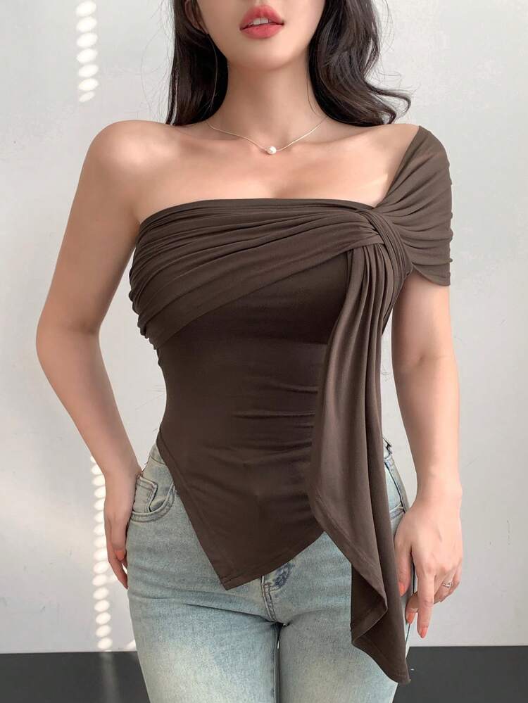 Women's Twist Detail Bodycon Asymmetrical Sexy Asymmetrical Neck T-Shirt