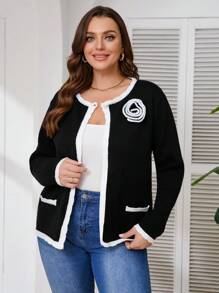 SHEIN Frenchy Plus Size Women 3D Flower Decor Long Sleeve Cardigan, Autumn/Winter Fall/Winter - Black - View 7