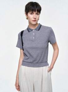 Aalyst 女士纯色拼布前扣短袖简约休闲 T 恤 - 灰色 - 查看 4