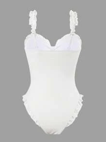 SHEIN Swim Women Textured Fabric Twist Knot Butterfly Shoulder Strap Hollow Ruffle Hem Cute One-Piece Swimsuit, For Summer Beach Vacation - Pink - View 4