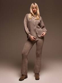 MUSERA High Rise Rib Knit Button Waistband Detail Flared Jogger Only Spring Summer Cute Airport - Coffee Brown - View 1