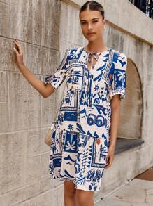 Breezaya Tropical Print Ruffle Sleeve Vacation Style Dress For Women