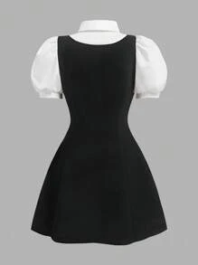SHEIN Vestido de manga corta informal con cuello, mangas abullonadas y corte de color en bloques para niñas preadolescentes