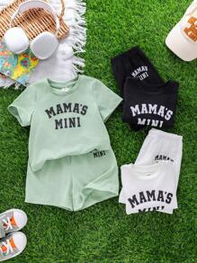 SHEIN Leap Crew 6 件套男婴和女婴休闲可爱图形字母图案宽松针织圆领 T 恤和短裤 2 件套服装套装，3 种颜色，适合春夏穿着，非常适合母亲节/母亲节/宝宝的第一个母亲节 - 彩色 - 查看 7