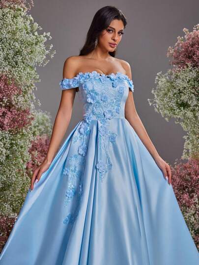 Glamrae Elegant Luxurious Off Shoulder Satin Dress With 3D Floral Design, Suitable For Wedding, Party, Prom, Banquet (Heavily Embellished)