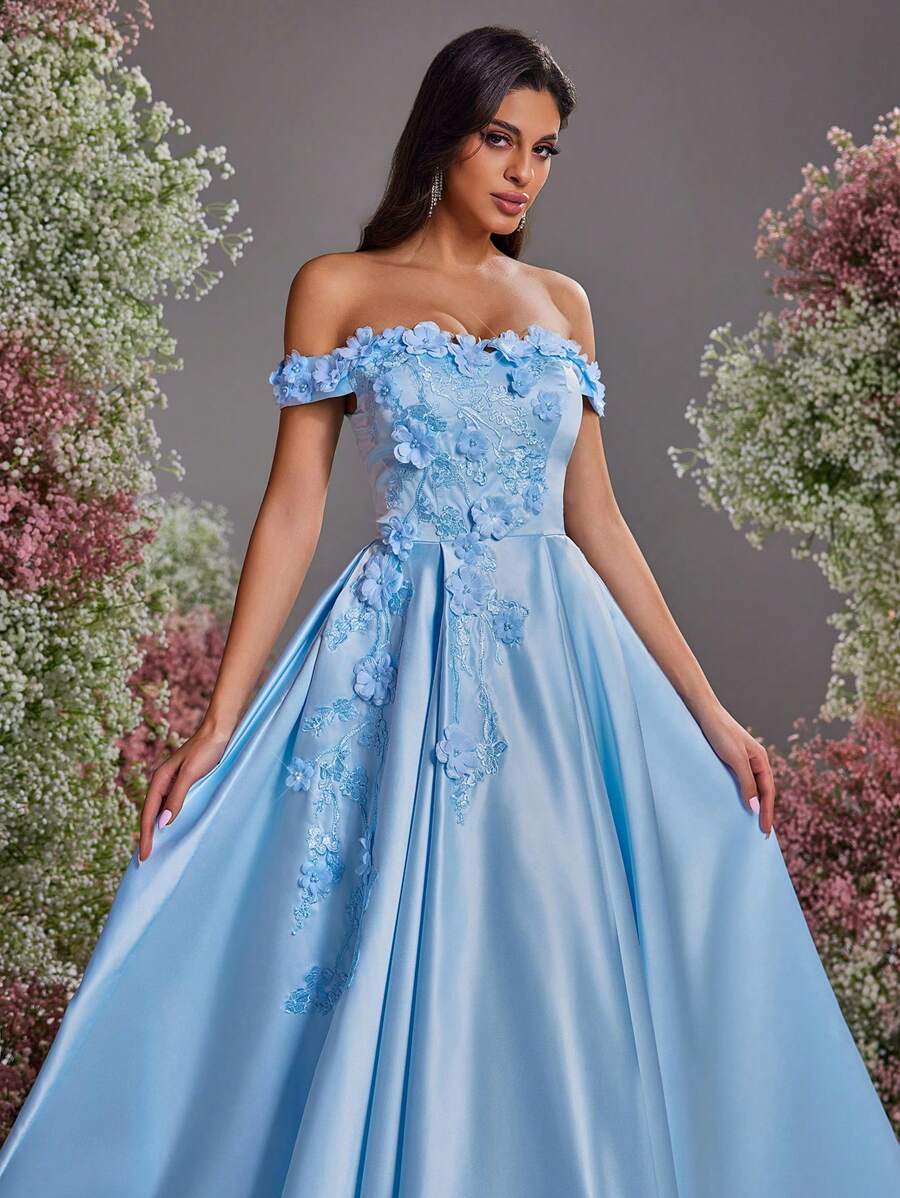 EMBELLISHED OFF THE SHOULDER SATIN GOWN