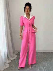 Elenzga Women Elegant Fashion Holiday Romantic Short Sleeve Turndown Collar Contrast Trim Half-Placket Cinched Waist Solid Jumpsuit - Pink - View 6