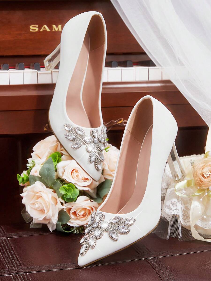 CUCCOO HITCHD Fashionable & Elegant Rhinestone Decor Pointed Toe High Heel Pumps Spring Shoes Spring Break Easter Prom Heels - White - View 1