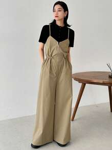 FRIFUL 1pc Women Casual Solid Color Drawstring Waist Jumpsuit For Women Lounge Sets For Women - Khaki - View 7