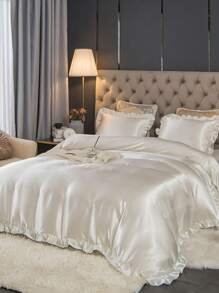 2/3件套奢华缎面白色荷叶边被套套装，荷叶边流苏被套套装，纯色复古奢华农舍风格床上用品套装，3件套波西米亚风荷叶边系带被套套装（不含被芯）。完美适配单人床、双人床、大号双人床、特大号双人床。适用于家居床上用品、宿舍用品和圣诞装饰。 - 白色 - 查看 5