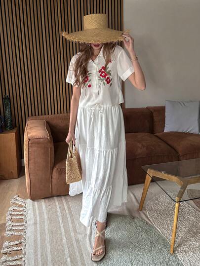 Chiquease 女士时尚新款绣花领短袖简约百搭休闲白衬衫