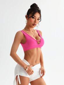 Gameset SHEIN Sport Kaos Olahraga Crop Tanpa Jahitan, Elastis Tinggi, Polos - Hot Pink - View 4